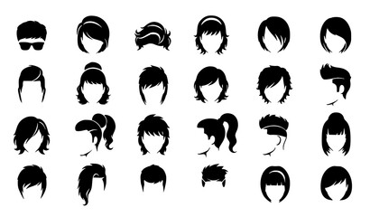 Obraz premium Modern hairstyle silhouette icon set with male and female hair styles for salon fashion vector collection