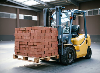 Naklejka premium Forklift carrying stacked bricks in a warehouse setting