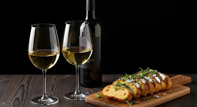Elegant wine pairing with a gourmet dish on a rustic wooden board