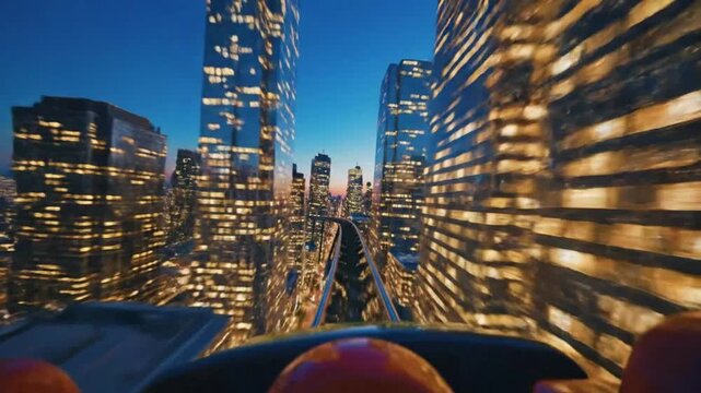 Rollercoaster Ride Through a Modern City at Sunset, Thrilling Aerial View Along the Tracks at Dusk
