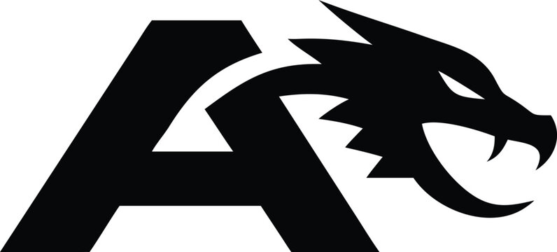 Letter A with detailed dragon head design, aggressive fantasy creature, wild beast symbol.