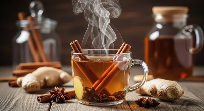 Aromatic hot herbal tea steaming in a glass mug with cinnamon sticks and spices
