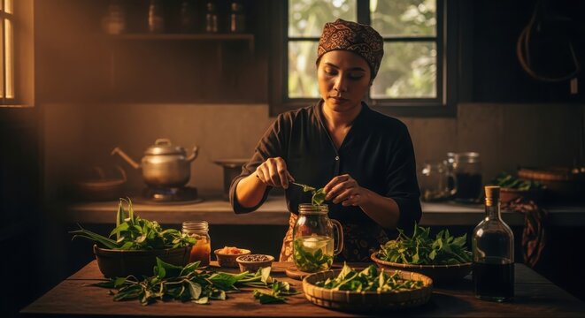 Woman prepares traditional herbal jamu drink in a rustic kitchen, focusing on healthy ingredients and ancient recipes.