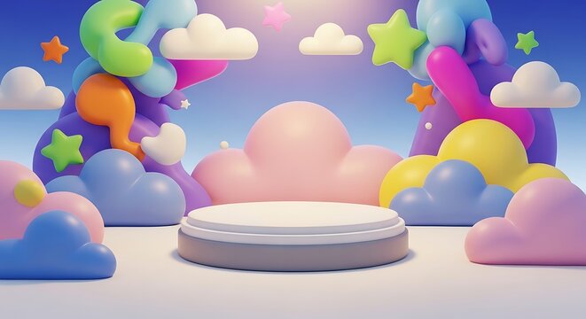 3D rendered scene of a platform stage surrounded by cartoon clouds and stars