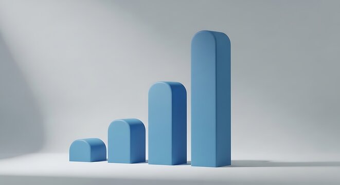3D-rendered abstract blue bar graph against a white backdrop with soft lighting