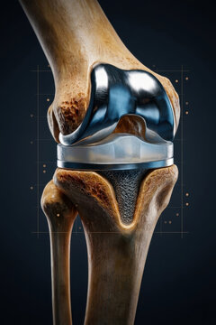 Total knee replacement prosthesis with femoral and tibial components and polyethylene insert, showing realistic bone anatomy and implant integration, generative ai illustration
