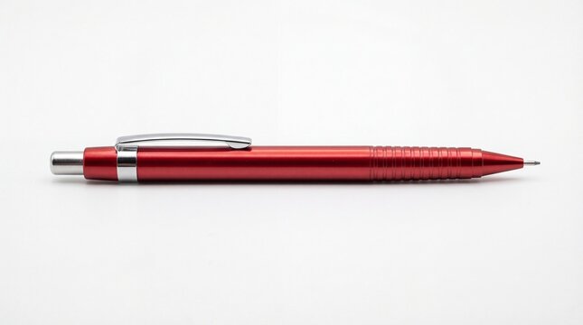 A sleek metallic red ballpoint pen with a silver clip and a textured grip for comfortable writing