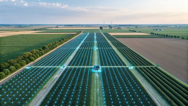 Aerial view of a large agricultural field with advanced smart farming technology displayed via glowing blue data points and connected machinery.