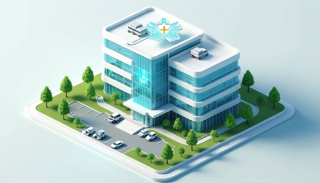 Modern isometric smart hospital building with clean architecture and glass facade. Green trees surround the structure. Medical vehicles are parked and on roof. Tech advances in healthcare.
