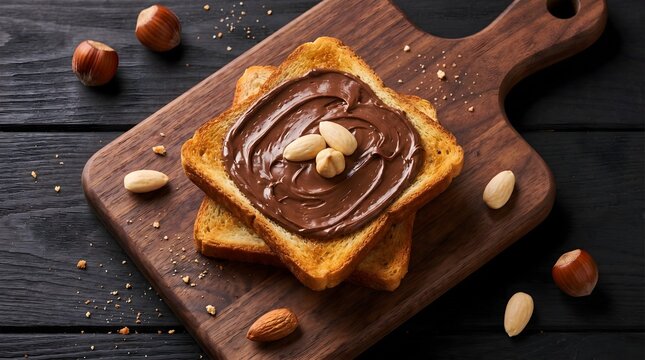 Toasted Bread with Chocolate Hazelnut Spread and Almonds on Wooden Board