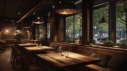 Fototapeta premium Cozy restaurant interior with wooden decor and empty dining space