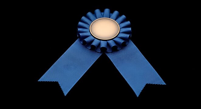 A vibrant blue rosette award with a golden center and flowing ribbons against black