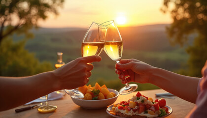 Fototapeta premium Couple clinks champagne glasses during sunset overlooking rolling hills. Enjoying finger food appetizers and wine outdoors. Romantic meal on a farm with vineyard views.