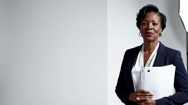 Professional Black Woman in Suit Holding Documents Smiling Confidently