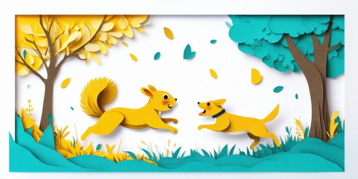 Papercraft scene depicts squirrel chasing dog. Autumn foliage falls around playful animals, vibrant colors create whimsical landscape.