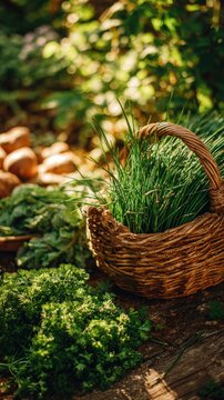 View of a herb garden where a person is snipping fresh chives and parsley a basket, kitchen garden harvest