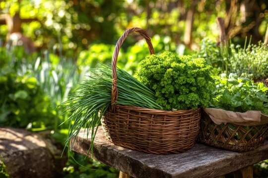 View of a herb garden where a person is snipping fresh chives and parsley a basket, kitchen garden harvest
