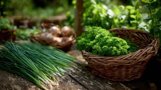 View of a herb garden where a person is snipping fresh chives and parsley a basket, kitchen garden harvest