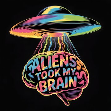 Retro Alien Abduction UFO Beaming Colorful Brain Graphic