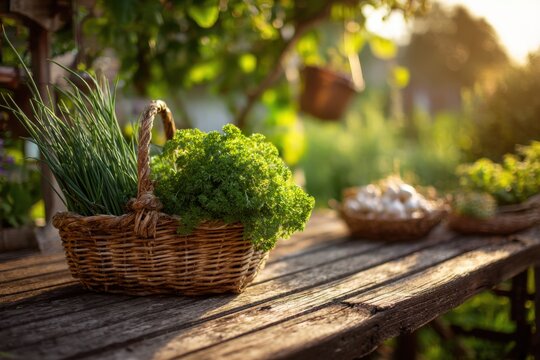View of a herb garden where a person is snipping fresh chives and parsley a basket, kitchen garden harvest