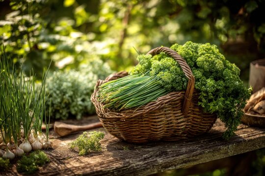 View of a herb garden where a person is snipping fresh chives and parsley a basket, kitchen garden harvest