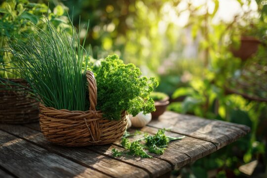 View of a herb garden where a person is snipping fresh chives and parsley a basket, kitchen garden harvest