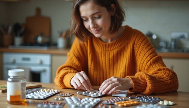 Young woman organizes pills on kitchen table, preparing daily medication doses. Sorts tablets from blister packs, managing health regimen at home. Female takes vitamins supplements for wellness.