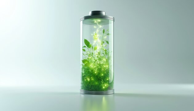 Clear battery jar with green plant growth inside. Small lights and energy spark flash within, signifying clean energy power and eco innovation.
