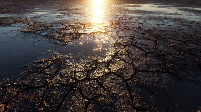 Cracked soil landscape under dramatic sunset sky