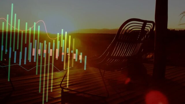 Sun dipping, clear EQ appearing, bars rising and spreading over dark chairs visualizing audio