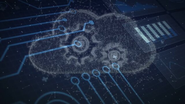 Forming particle column driving cloud forming on grid, gears emerging and blue traces linking ports