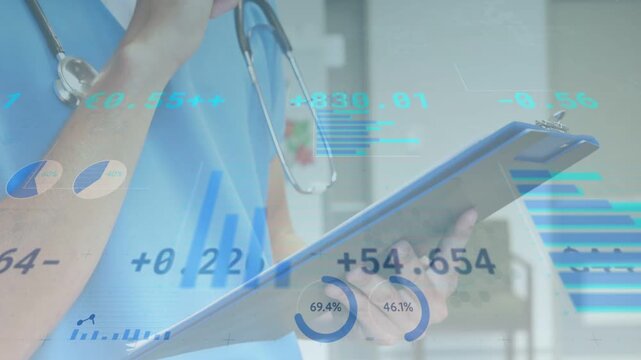 Clinician holding clipboard writing notes after alert, tracking patient data as overlays updating