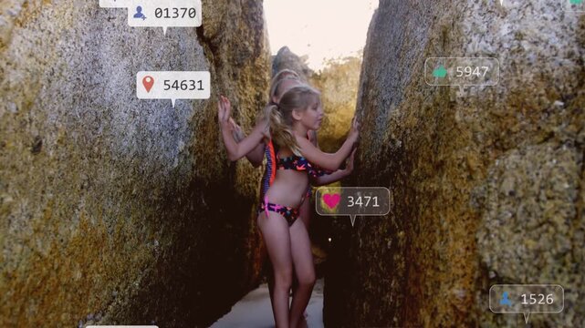 Walking three girls in swimsuits bracing walls in rocky cleft toward bright gap as icons appearing