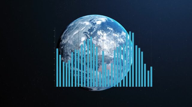 Audio signal initiating turquoise equalizer bars pulsing across rotating globe, visualizing sound