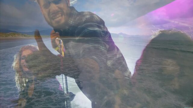 Lead singer leaning, gripping mic and singing while ocean overlay shifting, evoking shore mood