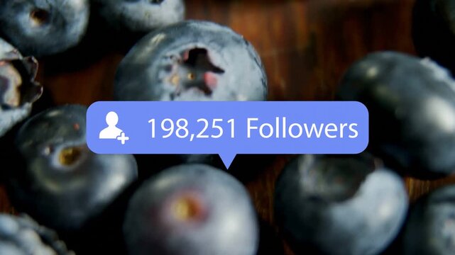 Animating follower bubble appearing over cluster of blueberries on wood board, counting to million