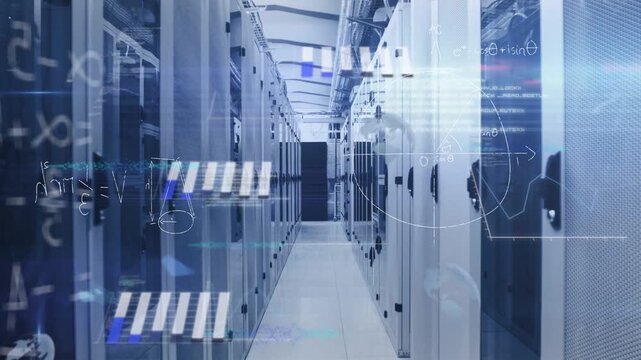 Central server aisle remaining static while overlays fading in from left, drifting and showing data