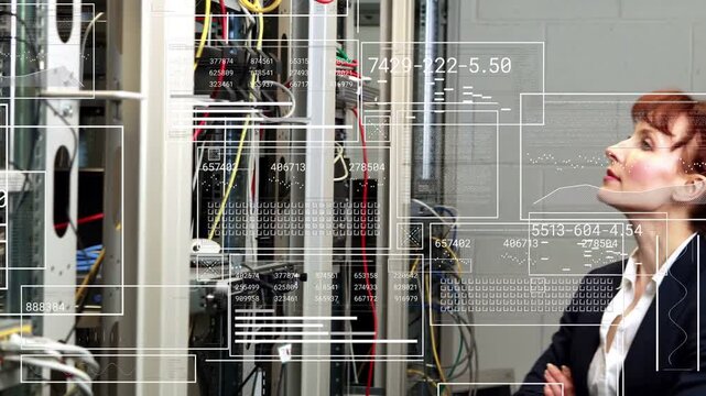 HUD animating, woman in blazer entering into server room inspecting racks and cables, copy space