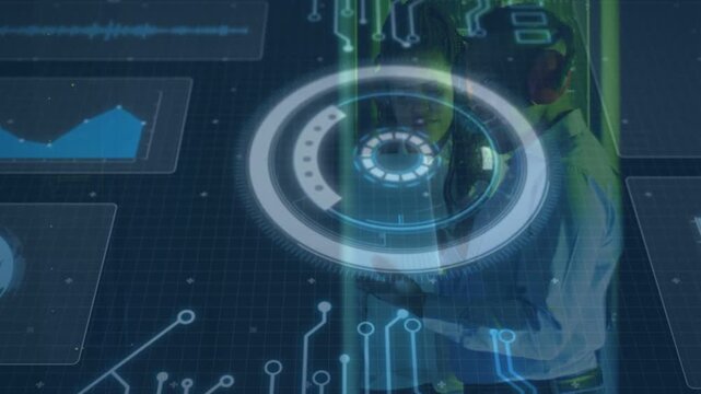 Two staff holding tablet and activating AR tech UI, analyzing charts as rings aligning over faces