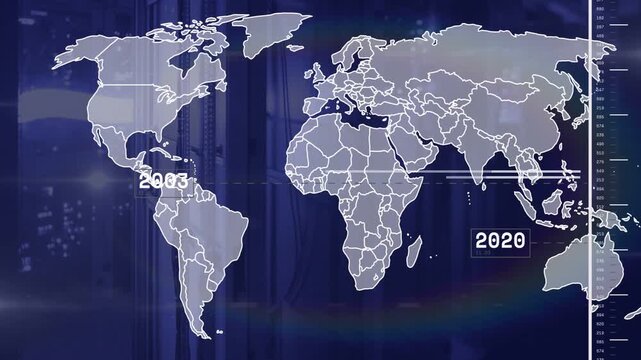 3D world map starting on Americas, camera panning while year markers sliding to visualize timeline