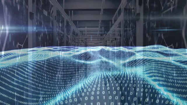 Binary mesh rippling down server aisle, triggered by incoming traffic visualizing data flow
