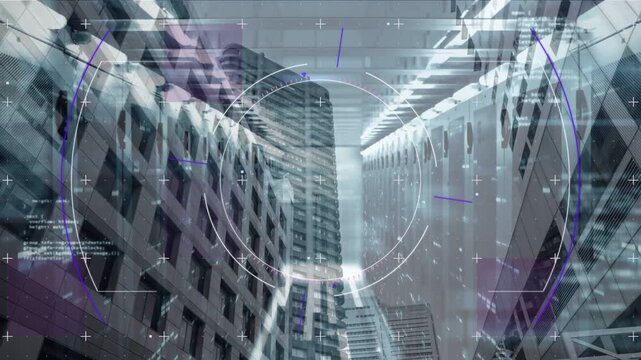 HUD graphics activating on scan, overlaying urban canyon with rotating rings, glyphs for technology