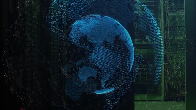 On start blue point-cloud globe rotating and shimmering, orbital band sweeping, revealing landmass