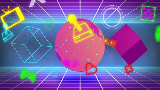 On scene load stylized globe rotating while joystick icon orbiting, showing gaming visuals
