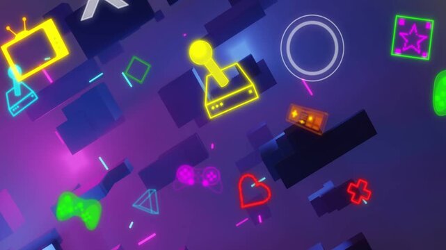 Camera tilting and zooming sending neon icons drifting, joystick moving forward highlighting depth