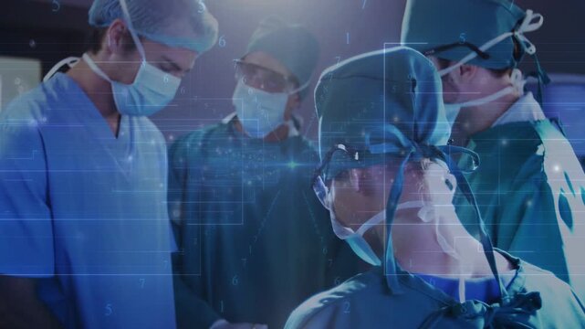 Surgical team starting operation for patient under lamp, HUD showing data as camera pulling back