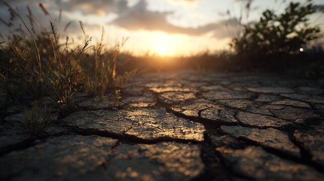 Cracked soil landscape under dramatic sunset sky