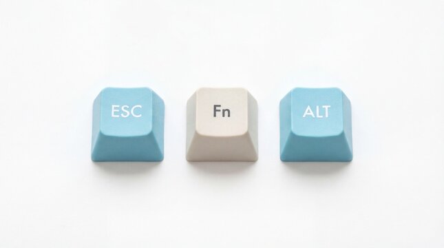 Three individual mechanical keyboard keycaps featuring blue and white color schemes for typing