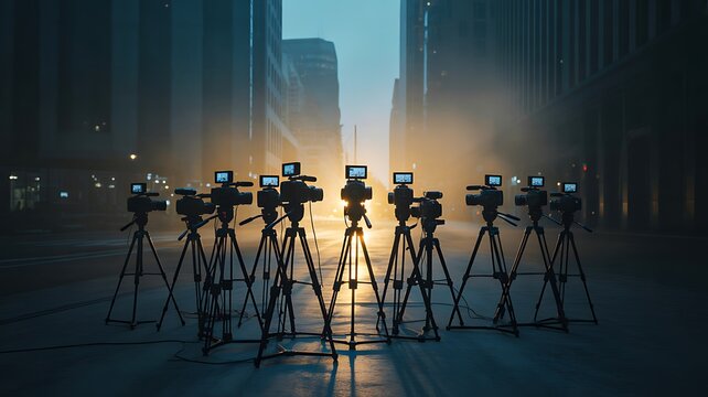 Row of cameras on tripods in city street media press journalism concept