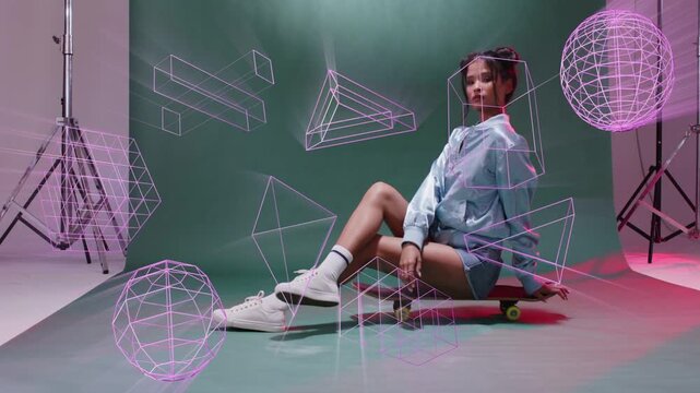 Camera rolling, female model posing on skateboard for studio shoot, pink wireframes passing torso